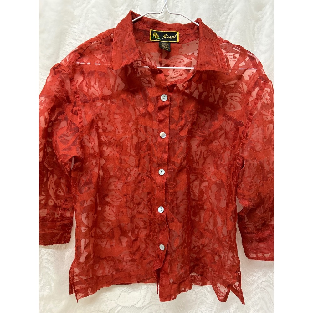 Mirasol Red Orange Sheer Burnout Button Down Blouse Womens Large 3/4 Sleeve